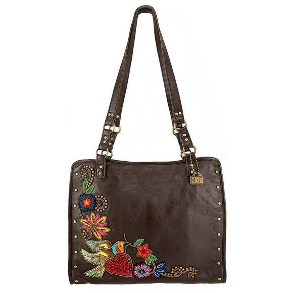 Mary Frances Mix It Up Brown Shoulder Leather Bag Handbag Bead Winter Floral - Picture 5 of 7
